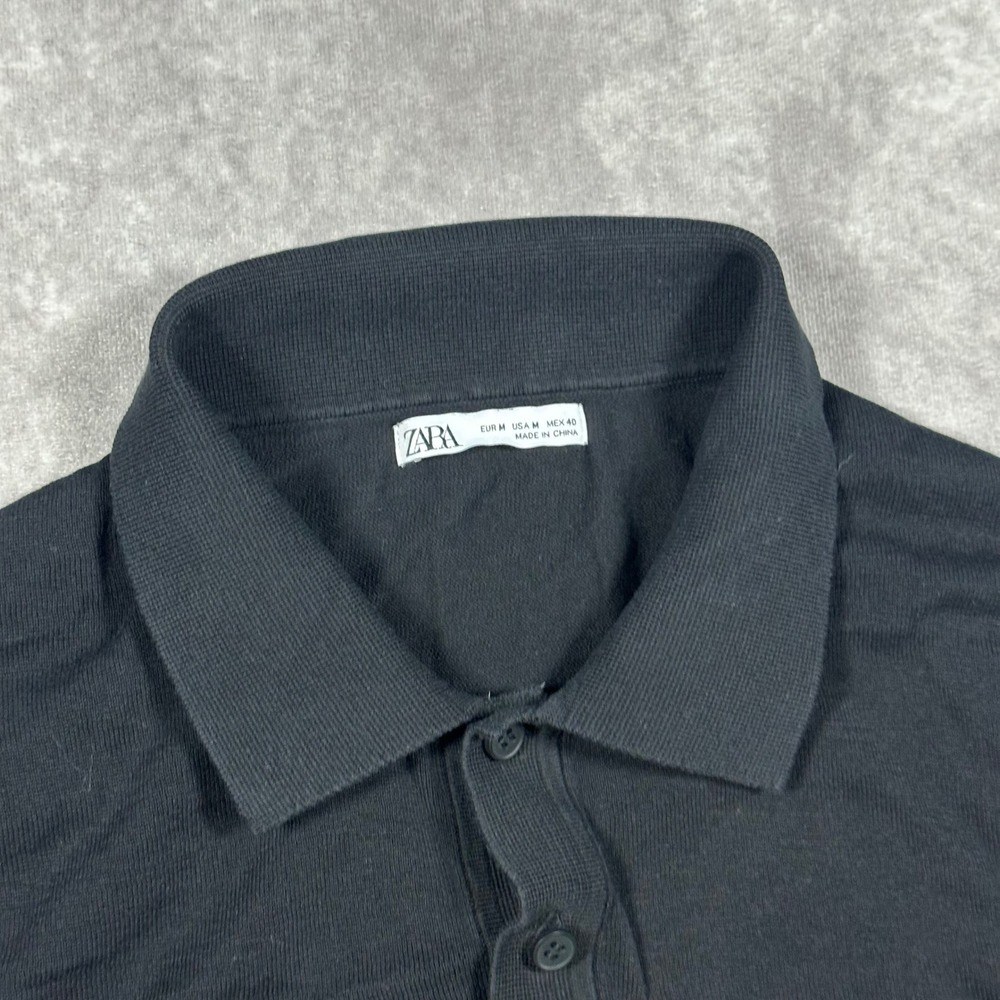 Zara Womens Medium M Black Knit Short Sleeve Polo Shirt Button Collar Ribbed - Picture 3 of 8